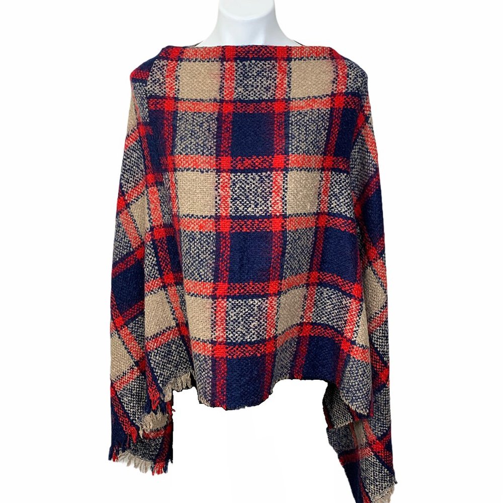 Navy Chic Plaid Fringed Blanket Poncho Sweater - Picture 7 of 8